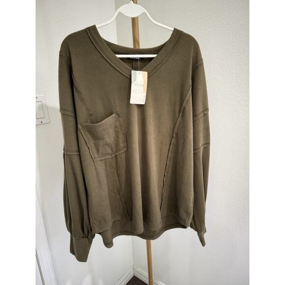 BTFBM Women Casual Long Sleeve V Neck Blouses Loose Fit Side Split Sz L New - Picture 3 of 7